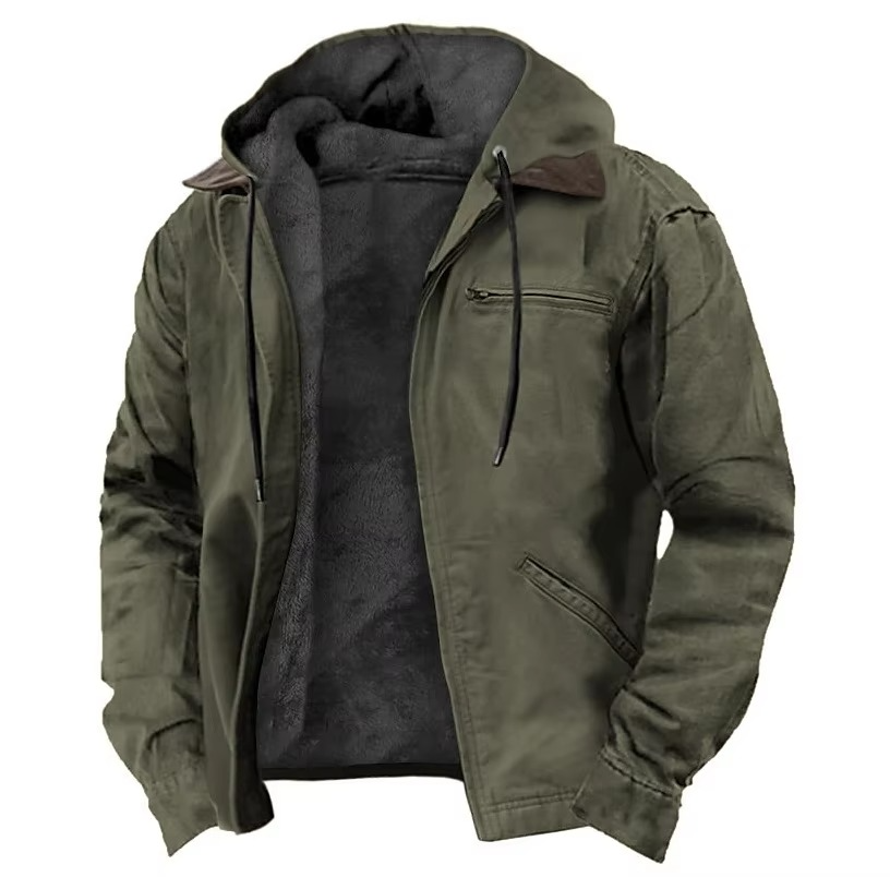 Men's winter fleece hooded jacket with zipper pockets, warm fleece lining, casual outdoor fit