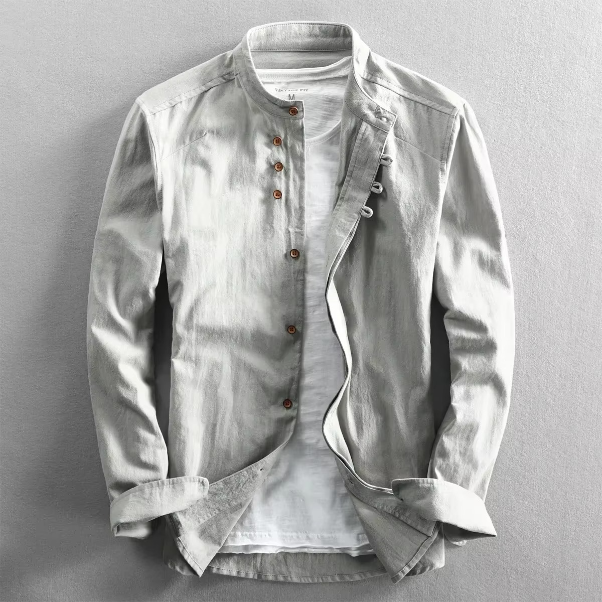 Men's cotton linen stand collar shirt retro Chinese style slim fit long sleeve top sizes M-7XL