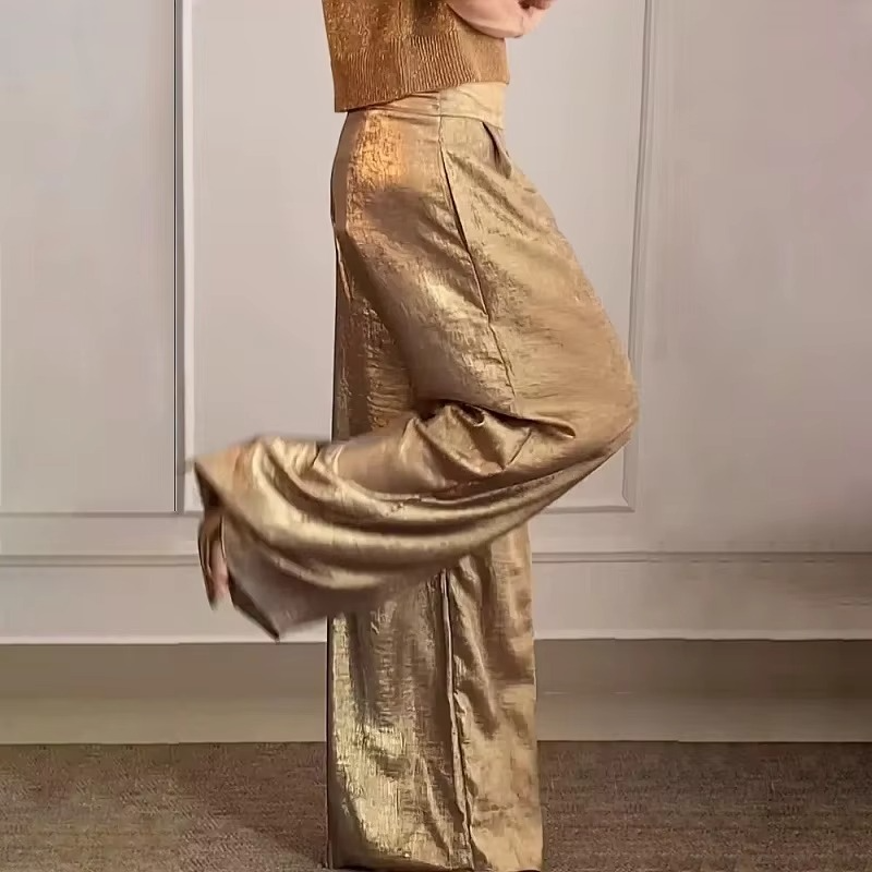 Women's metallic high waist wide leg pants with vintage glamour silhouette and sleek fluid drape