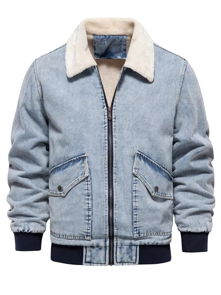 Men's blue denim jacket fleece-lined with faux fur collar, rugged winter outerwear for cold weather