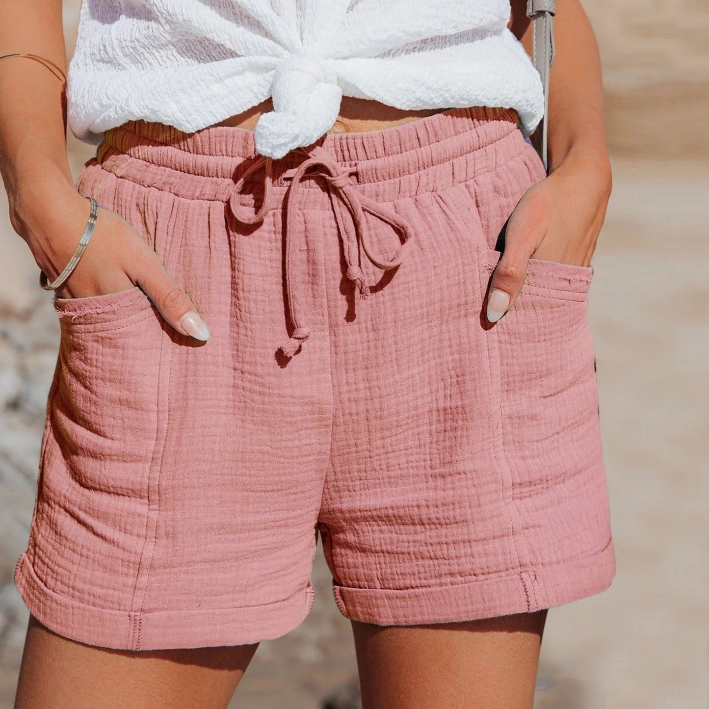 Women's relaxed fit textured cotton shorts with elastic drawstring waist, casual summer style