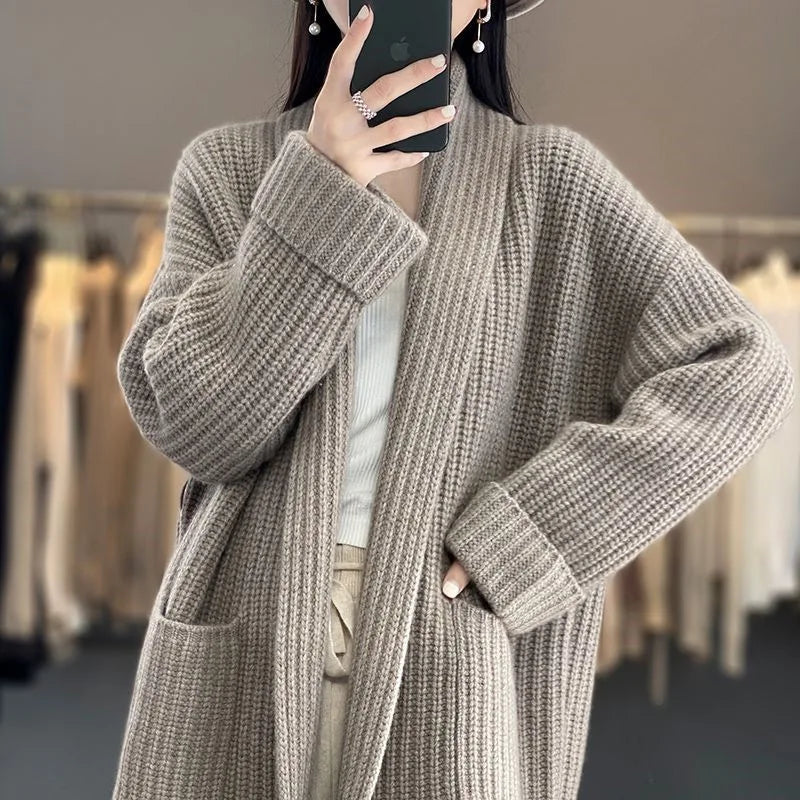 Sadie open knit cardigan in neutral tones with relaxed flowing silhouette and airy open details