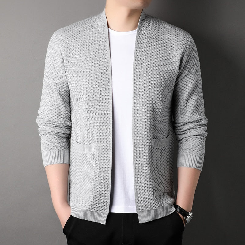 Men's slim fit beige textured knit cardigan with open-front silhouette and side pockets