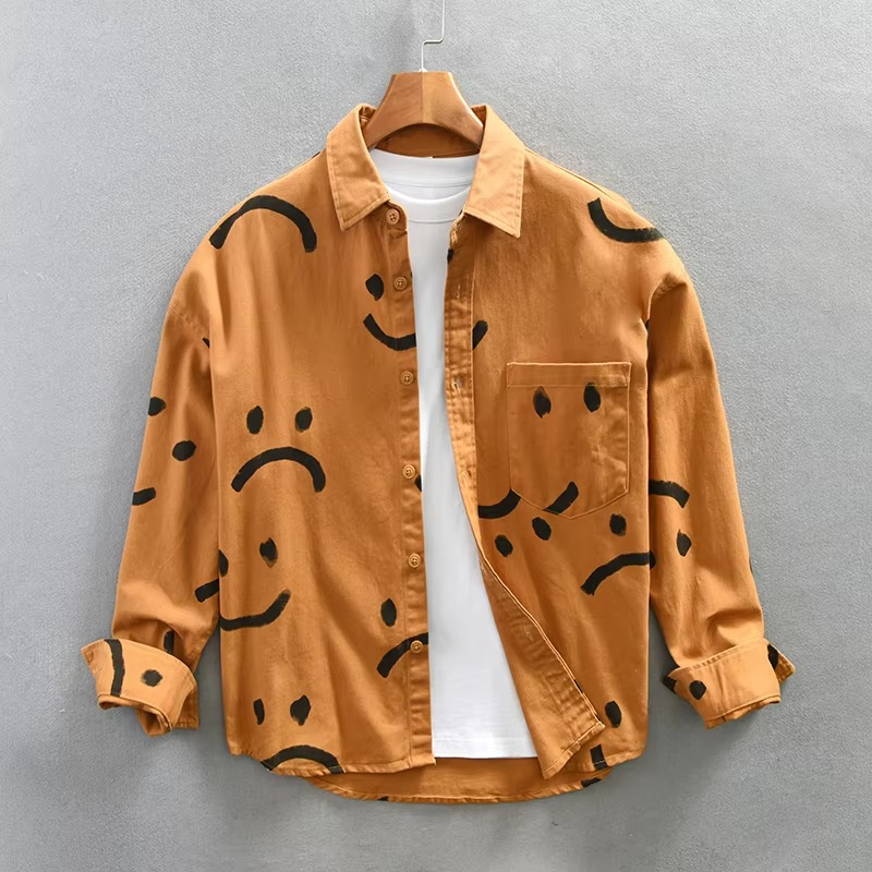 Men's thick cotton overshirt long sleeve workwear top with bold graphic smiley pattern print