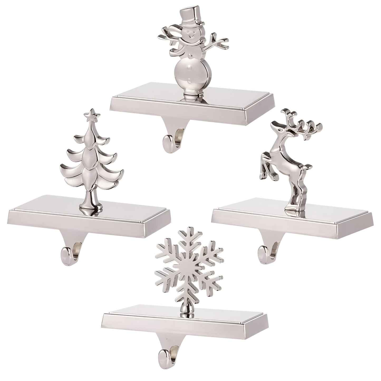 Chrome cast iron Christmas stocking hangers with shiny festive finish, weighted for mantel stability
