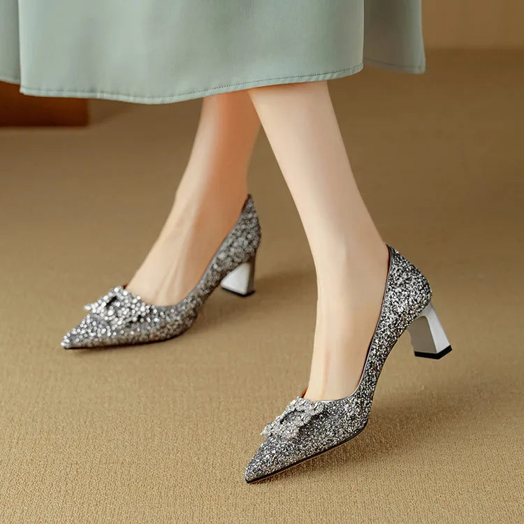 Silver glitter block heel pump pointed toe with crystal rhinestone buckle strap women