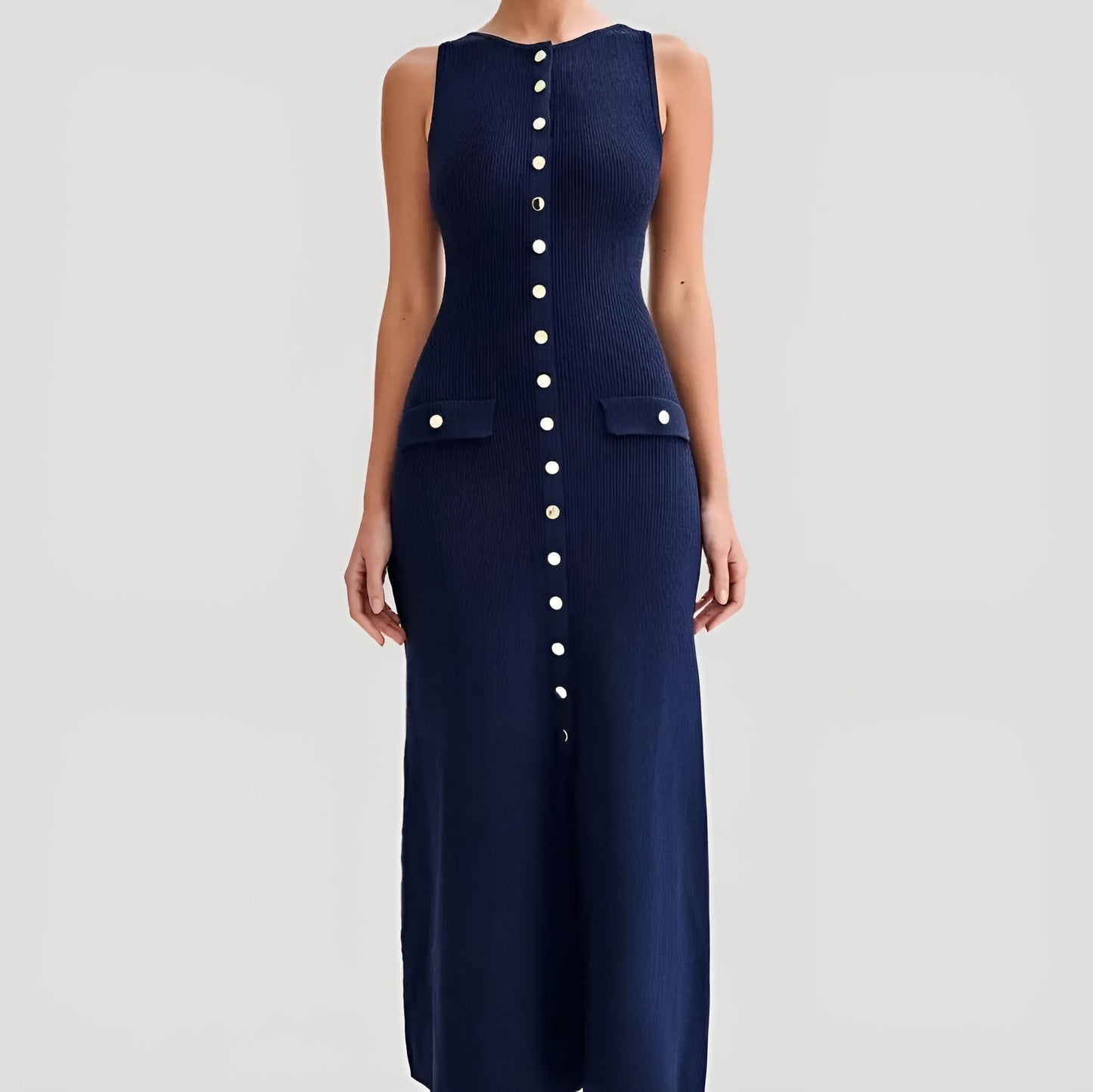 Valentina A-line full-length knitted dress in soft knit fabric with waist-flattering silhouette