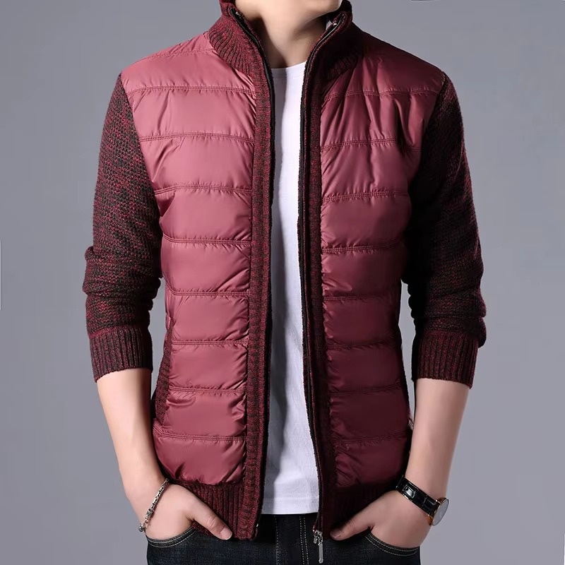 Men's gray patchwork thick knit cardigan jacket slim fit winter outerwear with warm cotton blend