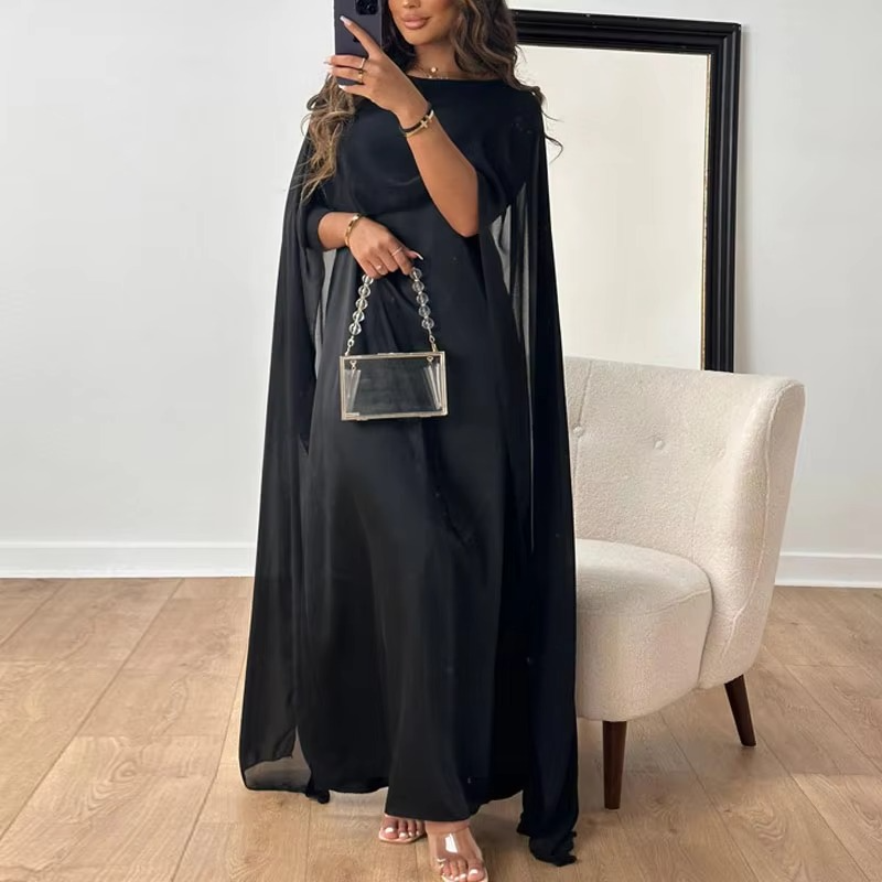 Elegant chiffon long evening dress with flowing shawl sleeves, floor-length formal gown