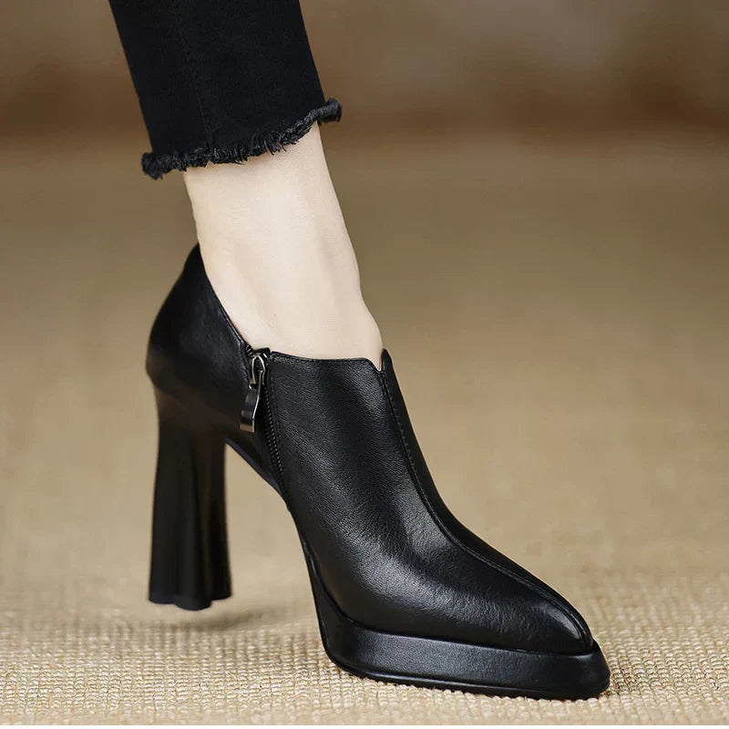 Women's black platform block heel pumps ankle-high leather-look side zipper flared heel