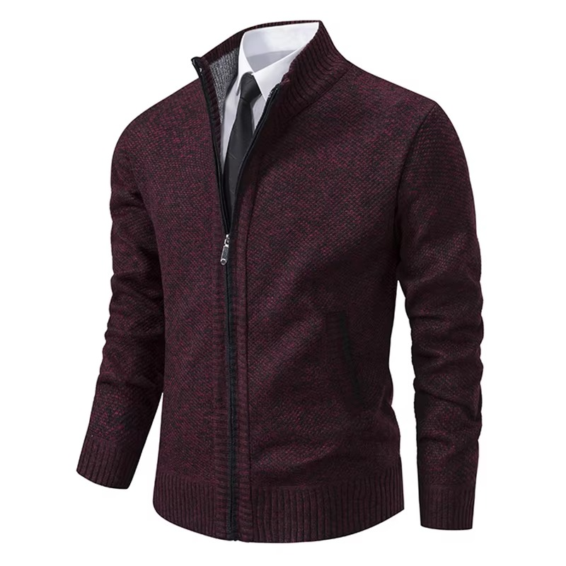 Men's fleece-lined stand collar zip cardigan warm casual jacket for fall and winter
