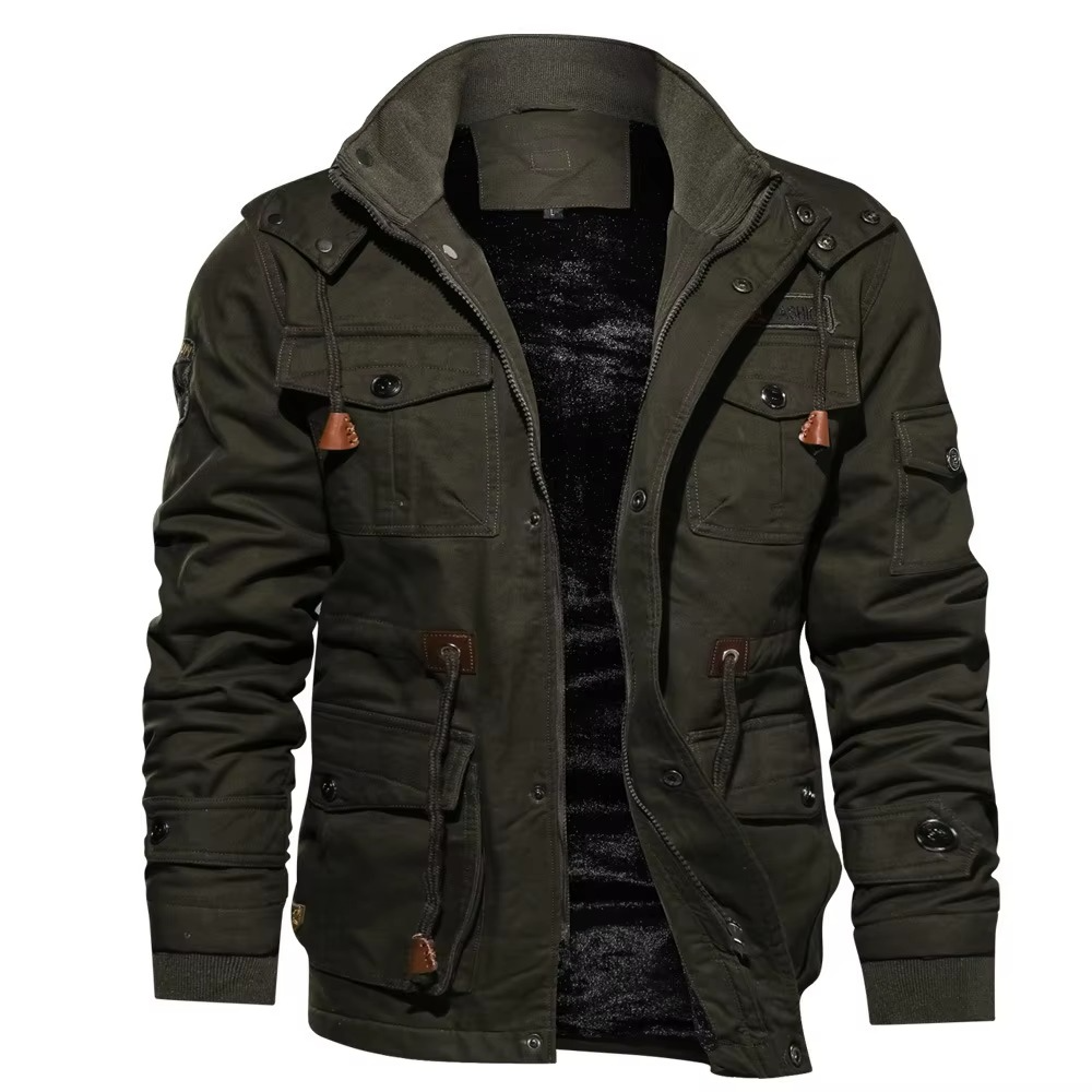 Men's fleece lined hooded cargo jacket water resistant windproof winter outdoor warmth