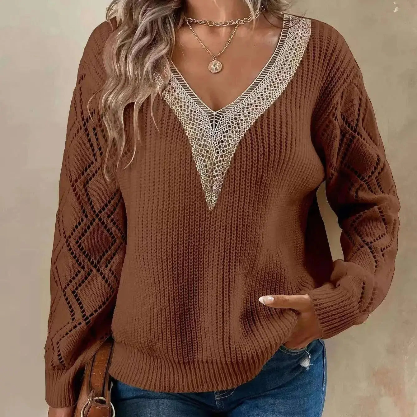 Solid V-neck sweater classic silhouette soft breathable fabric everyday elegant layering style