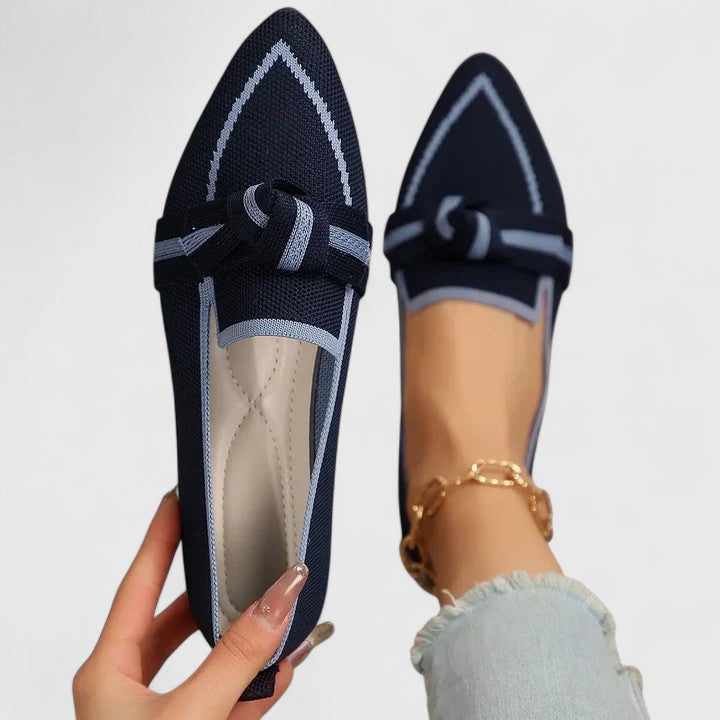 Women's pointed toe slip-on flat loafers in two-tone with elegant knot detail for spring