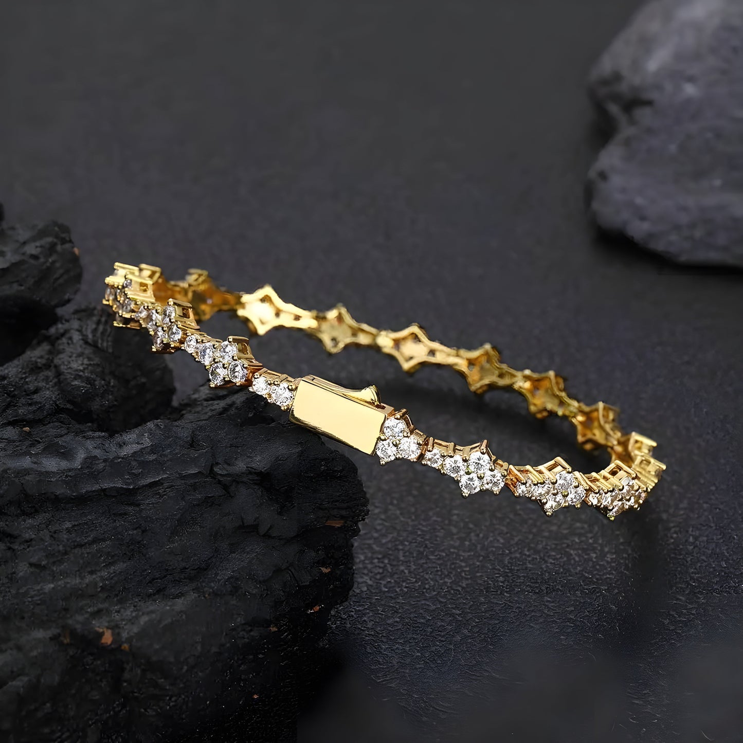 Silver cable chain bracelet with diamond-shaped rhinestone flower petals in geometric prong setting