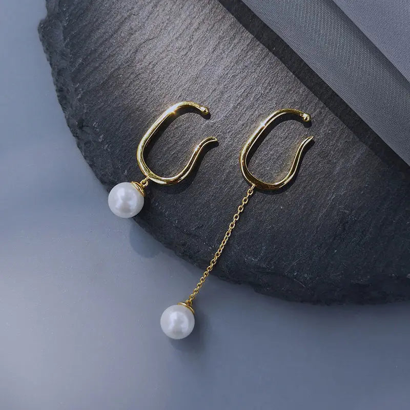 Monroe Baroque gold cuff earrings with pearl drop accent, 14k plated, no piercing required