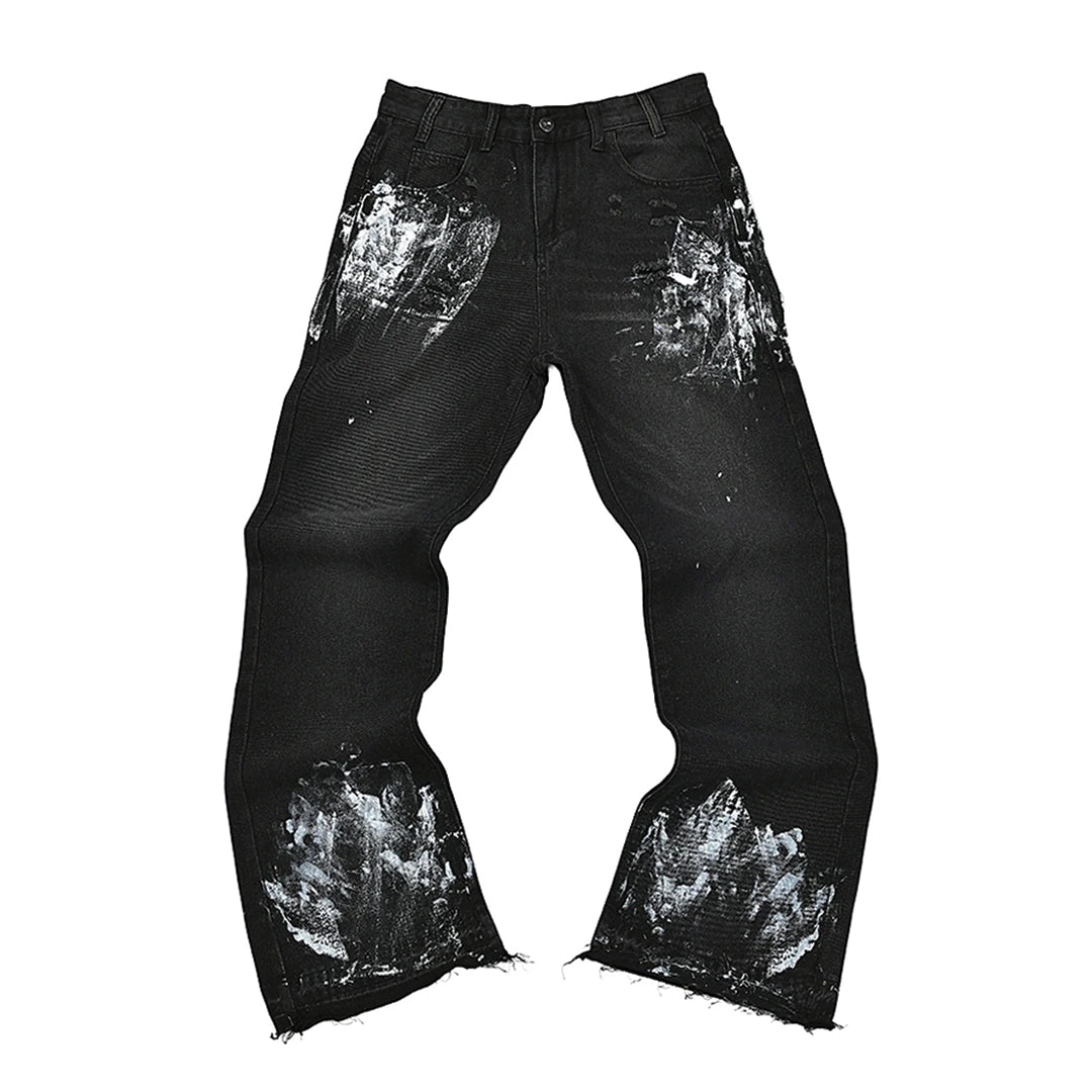 Blue loose-fit straight-leg denim jeans with painterly fade streaks and frayed hem edges