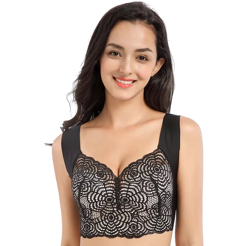 Nude lace lifting bra with full-figure support, wide straps, and smoothing underwire design