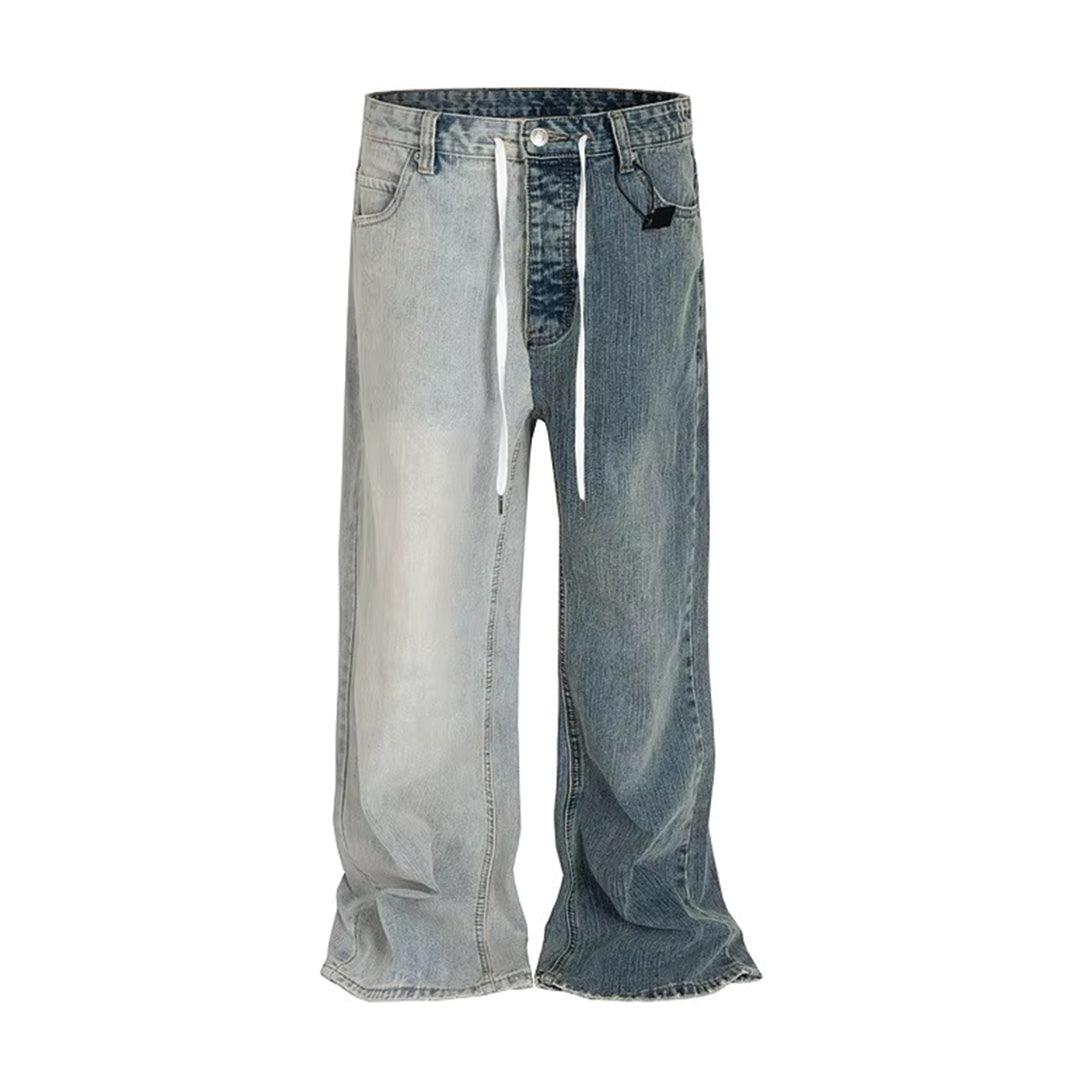 Split washed denim jeans in light and dark blue relaxed fit with drawstring waist