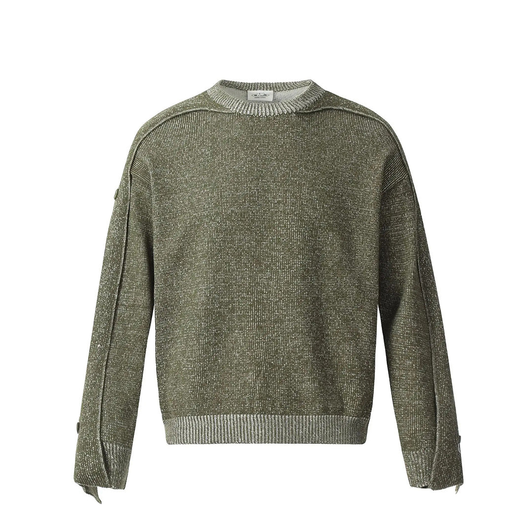 Multicolor patchwork wool crewneck sweater with speckled texture, lightweight layering piece for men