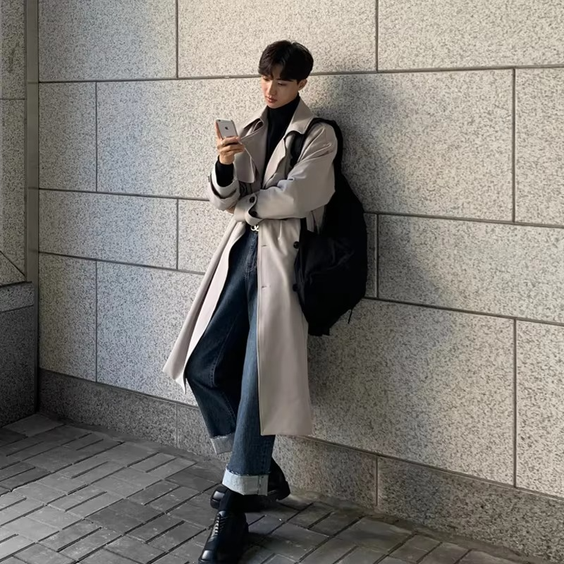 Men's warm brown longline trench coat Korean-inspired windbreaker with modern drape silhouette