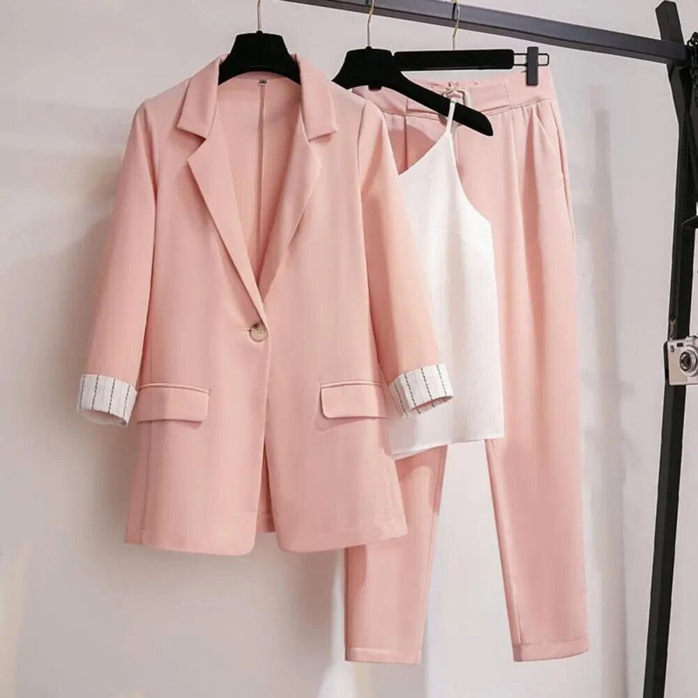 Women's chic 3-piece coordinated blazer pants and sleeveless top set tailored polished workwear look