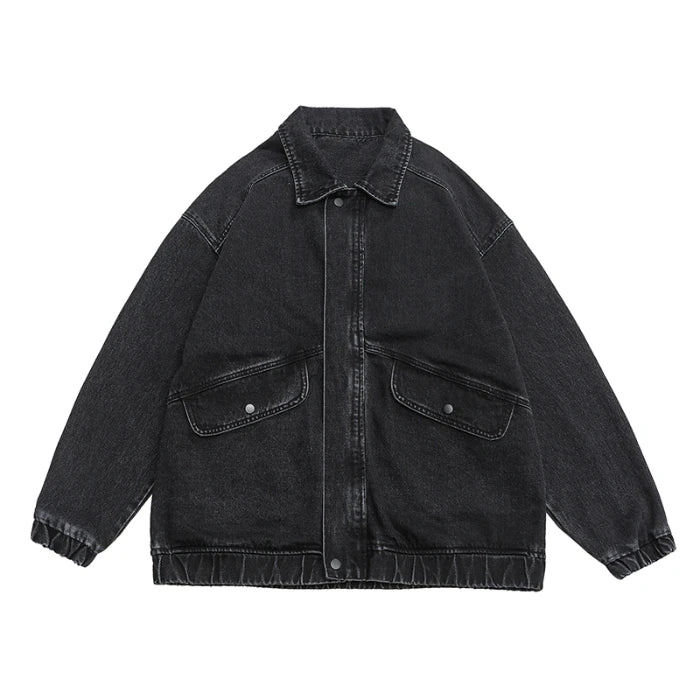 Medium wash denim jacket oversized boxy fit retro style with elastic cinched cuffs