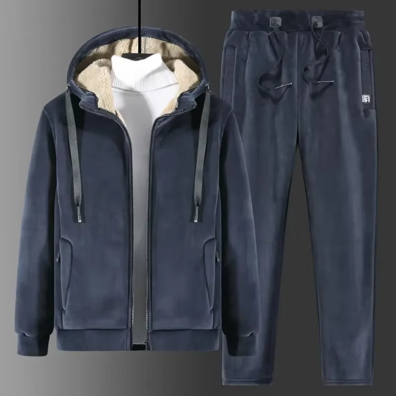 Men's cashmere fleece tracksuit set thick hooded jacket pants winter warm cozy two-piece