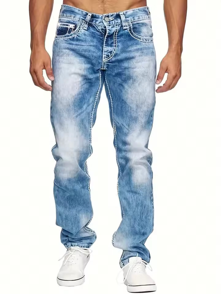 Men's black denim straight-leg jeans full length with bold white contrast stitching detailing