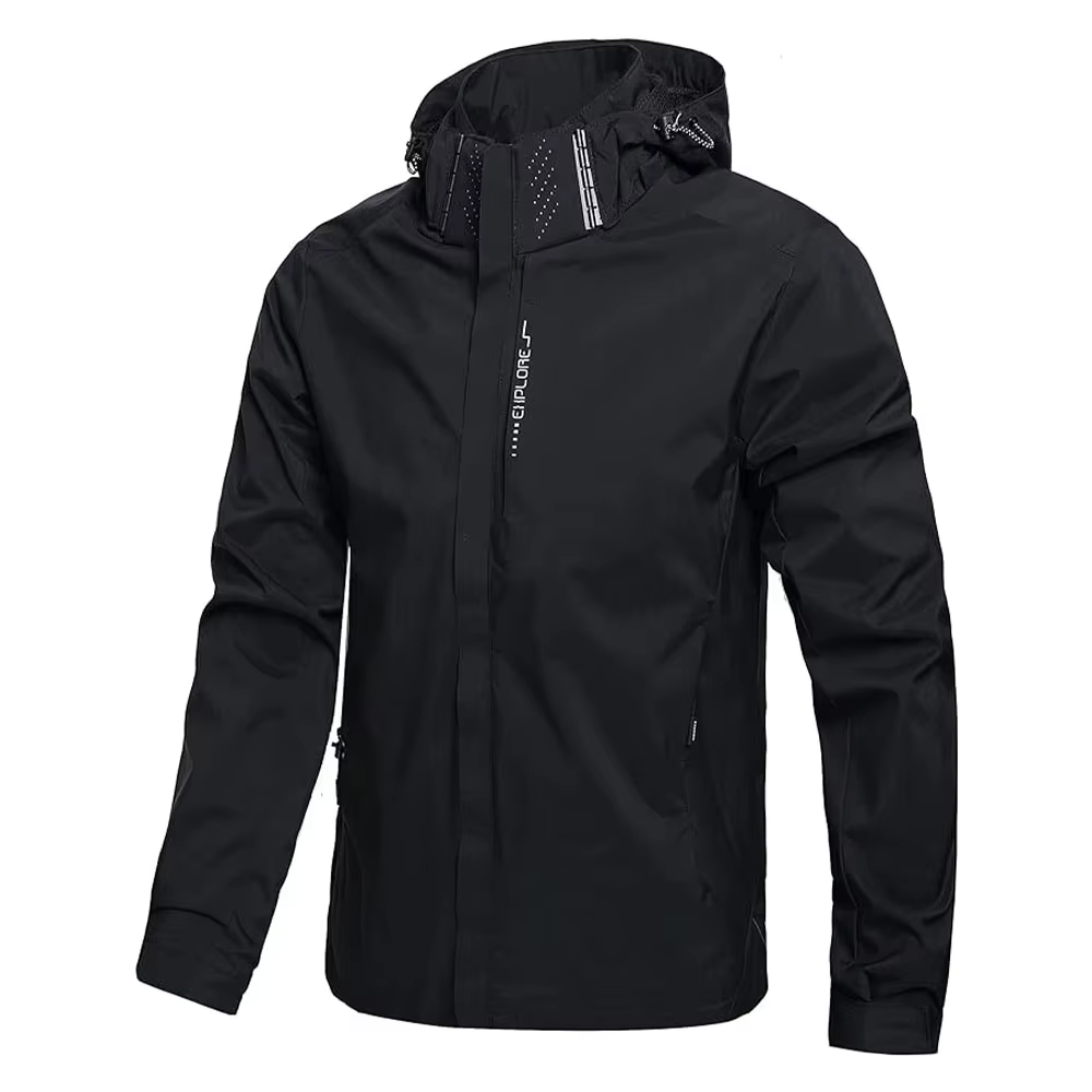 Men's lightweight packable waterproof hooded rain jacket for hiking, windproof outdoor shell