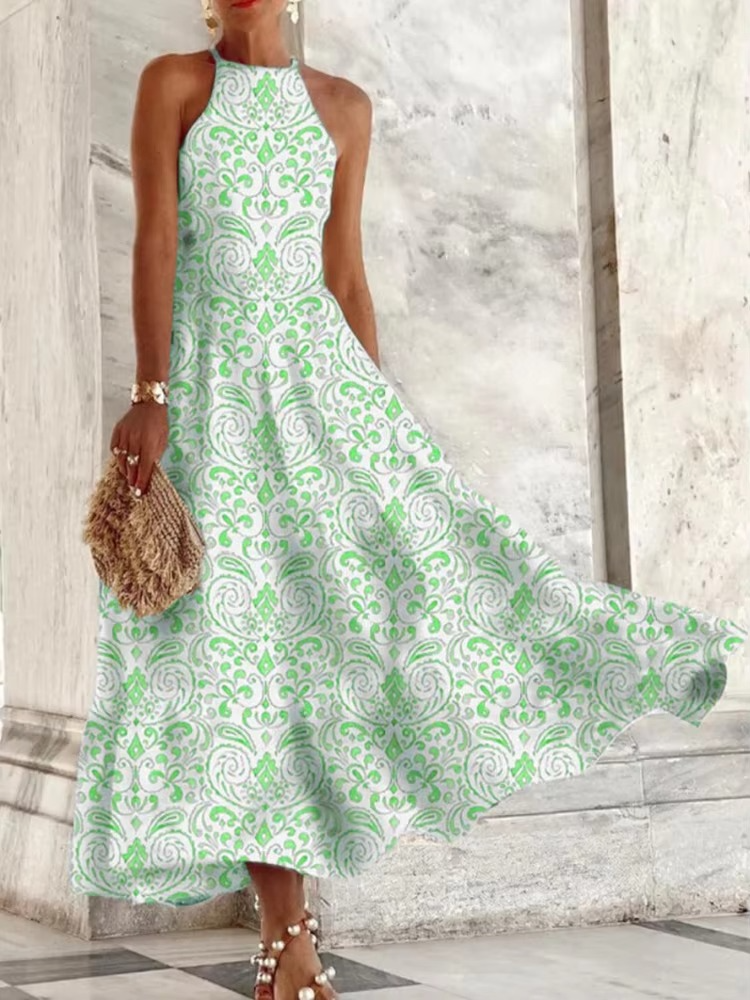 Women's elegant sleeveless halter maxi dress, backless design, lightweight summer style