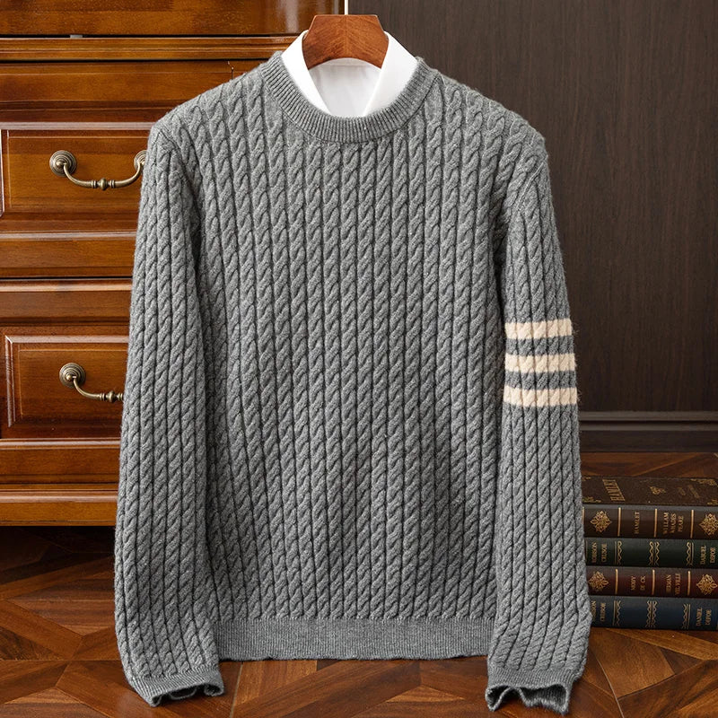 Men's ivory 100% cashmere sweater handknit ridged texture soft layering luxury knitwear