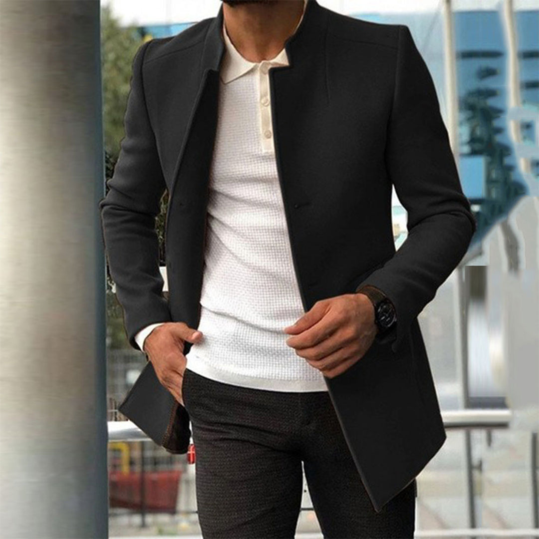 Men's slim fit long coat tailored winter outerwear with sophisticated structured silhouette
