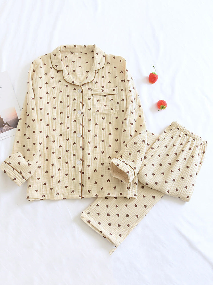 Women's long sleeve two-piece pajama set with button-down top and matching bottoms in relaxed fit