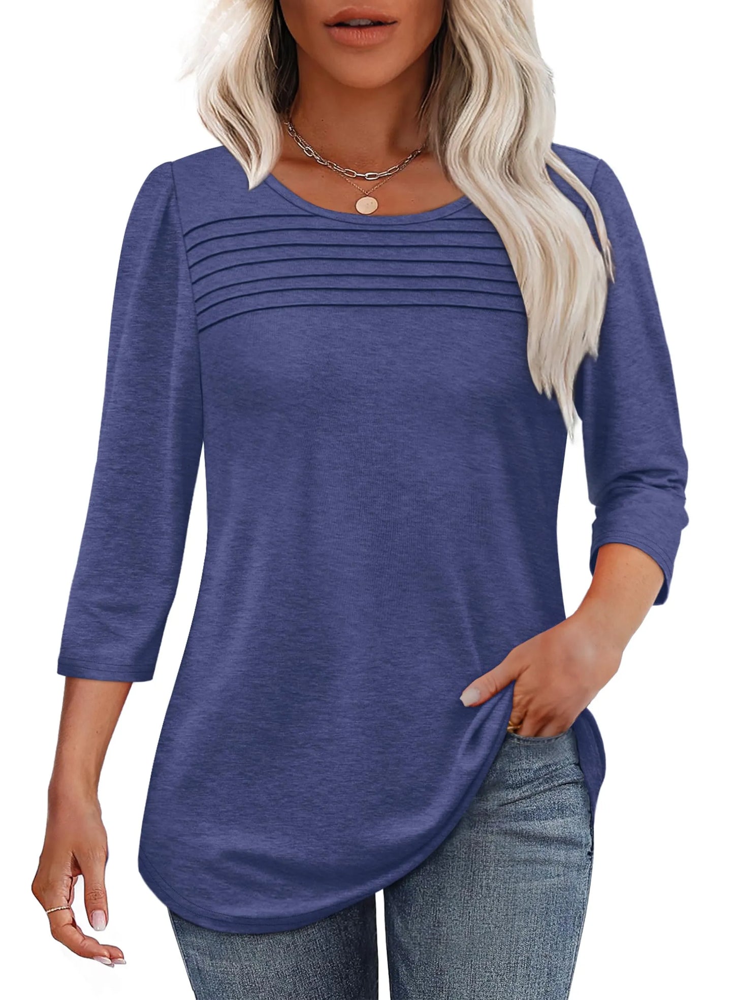 Women's crew neck 3/4 sleeve top with tonal pin-tuck pleated chest detail in solid color
