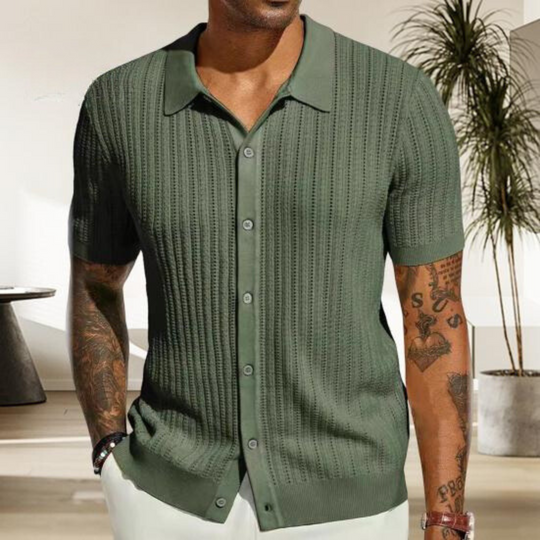 Men's ribbed knit button-up shirt regular fit short sleeve casual everyday top