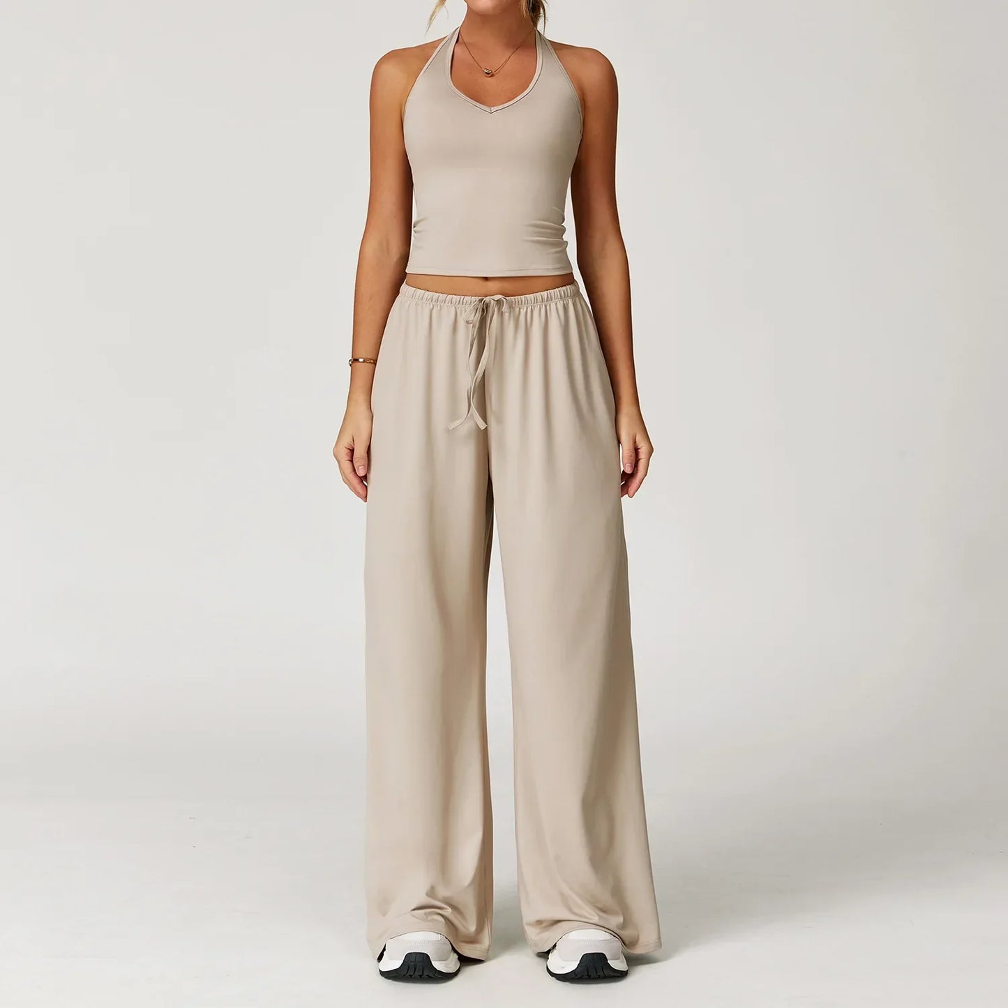 Women's casual wide leg loose fit winter pants in neutral tones, relaxed silhouette with breathable soft fabric