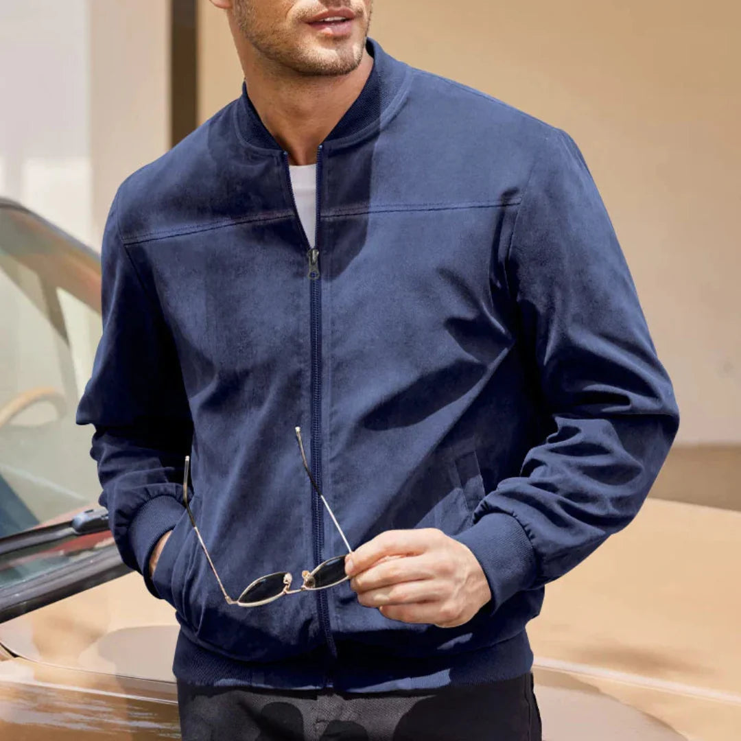 Brown suede-like men's bomber jacket lightweight zip-up with premium soft-touch finish