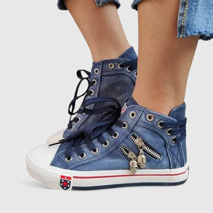 Women's light blue denim high-top lace-up sneakers with side zip and sporty stripe midsole