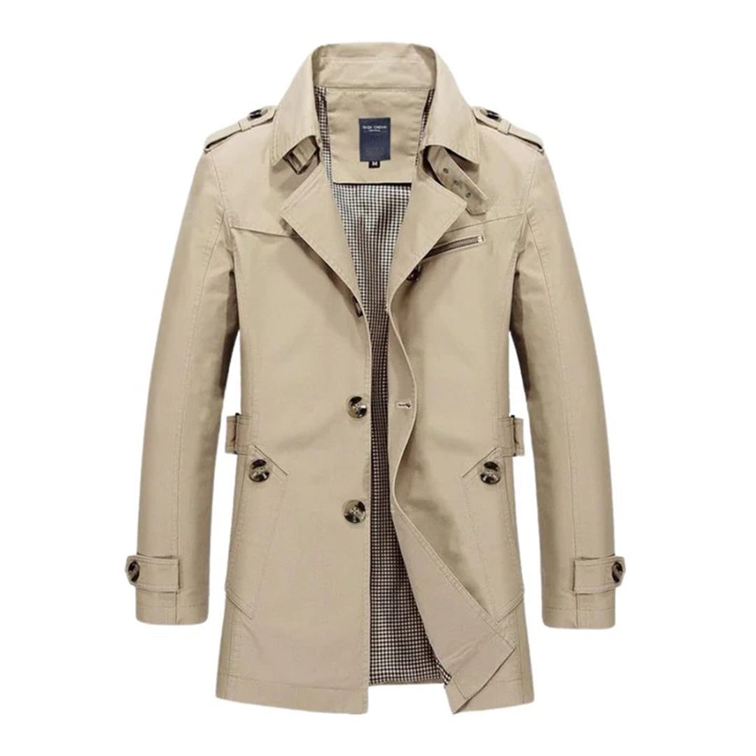 Men's classic beige double-breasted belted trench coat with water-resistant tailored silhouette