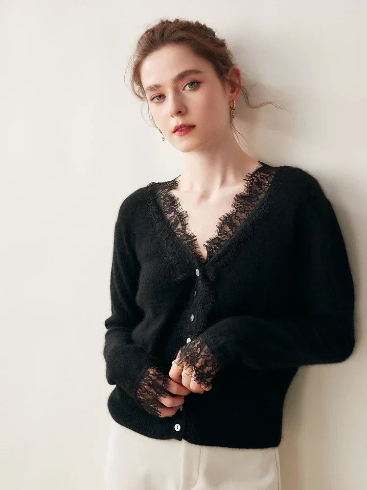 Women's fitted knit cardigan with lace trim, V-neck, button front, hip-length elegant smart casual style