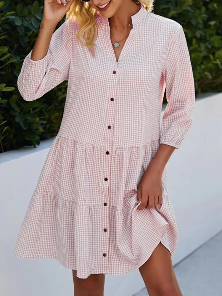 Women's plaid v-neck long sleeve mini shirt dress in lightweight woven fabric for spring and fall