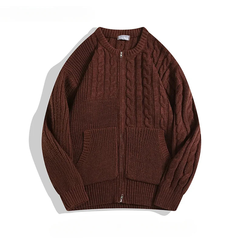 Ivory mixed-knit cardigan with chunky cable texture, ribbed details, zip closure and double pouch pockets