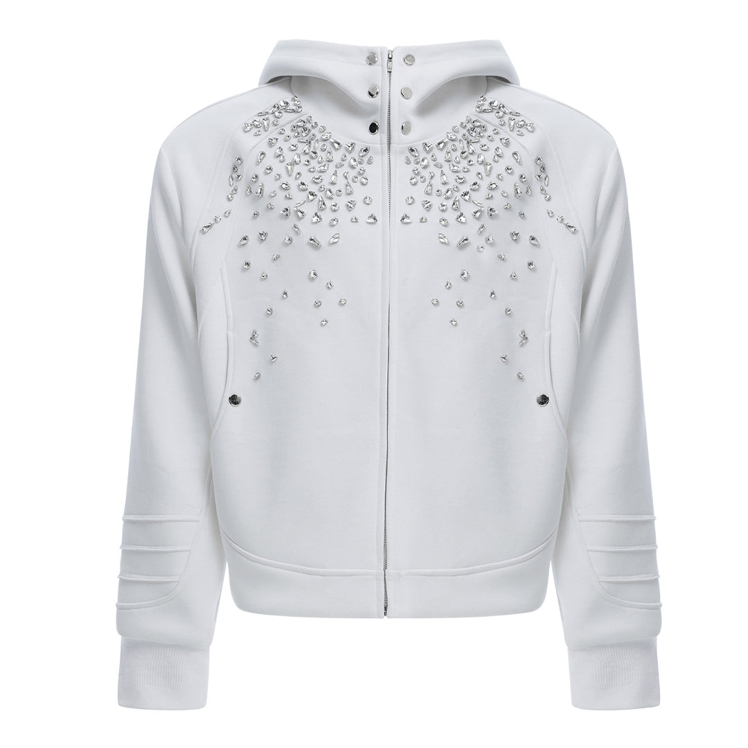 Black relaxed-fit zip hoodie with rhinestone-studded chest and shoulder diamond crest detailing