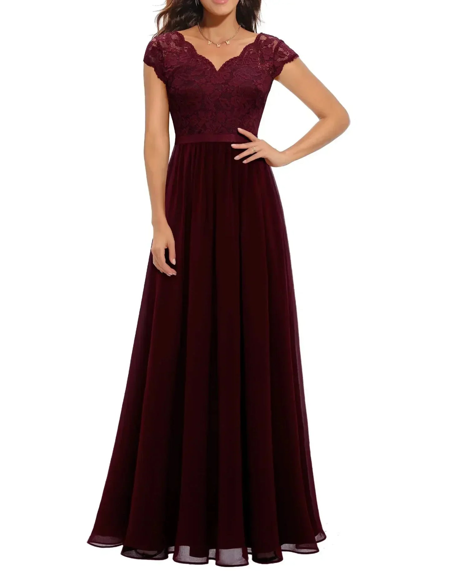 Women's elegant long lace dress with flattering lace bodice, flowing silhouette for formal occasions