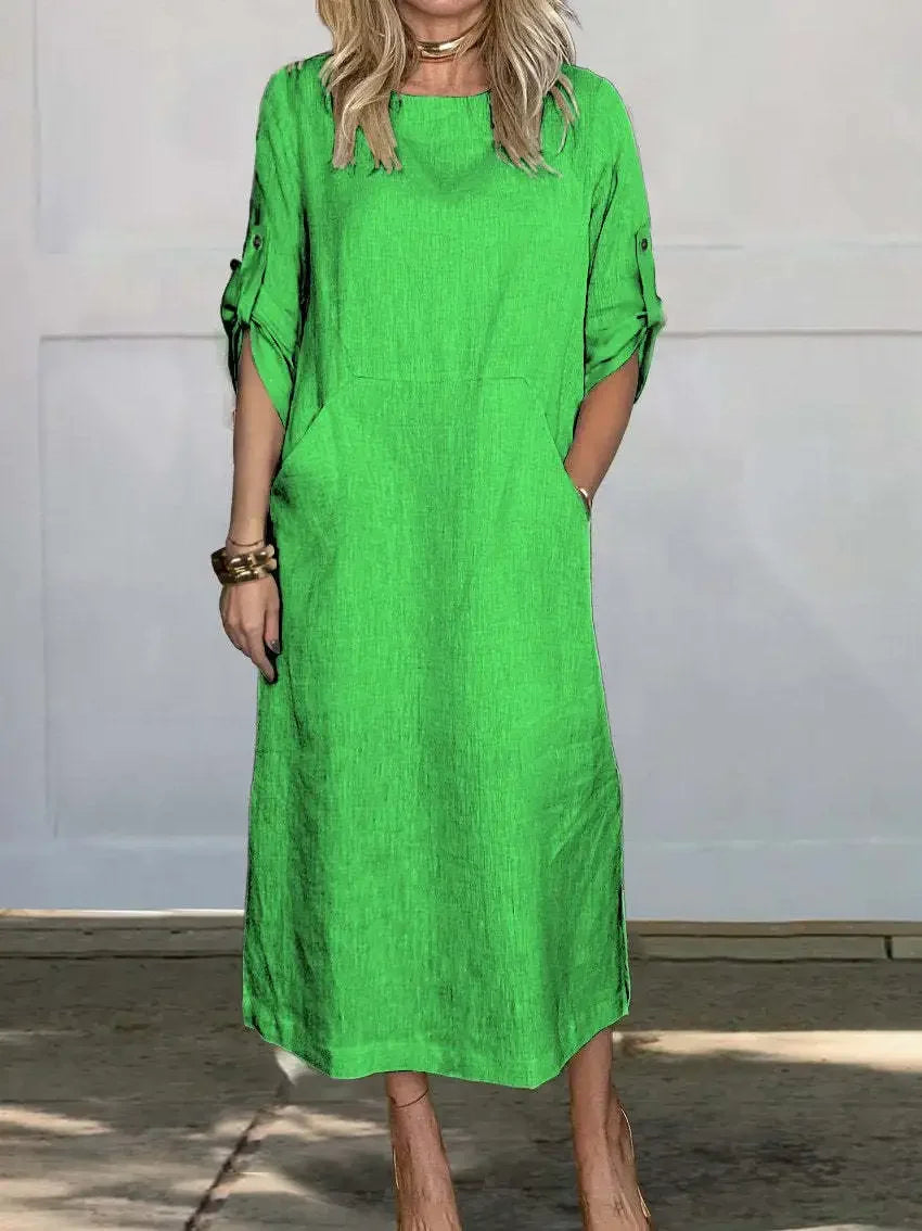 Women's A-line loose fit draped evening dress in soft coastal hues with effortless flowy silhouette
