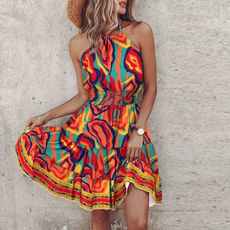 Women's halter lace flowy draped dress in elegant style with fluid silhouette and feminine neckline