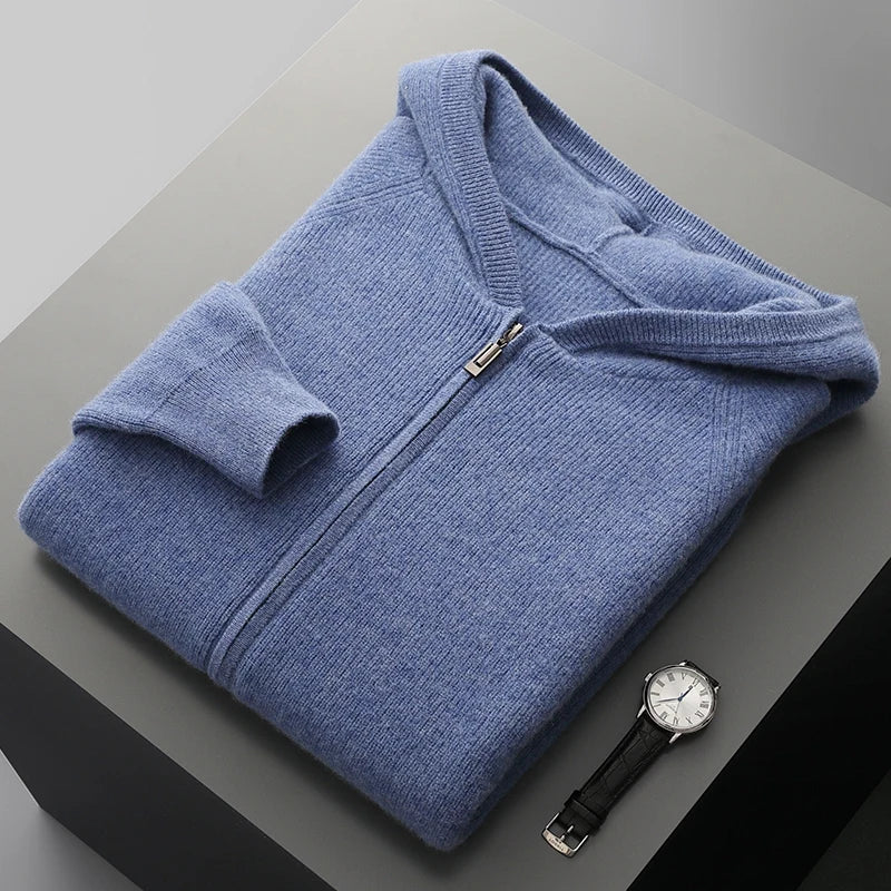 Men's charcoal heavyweight 100% wool zip-up hoodie with structured knit hood and full-length zipper