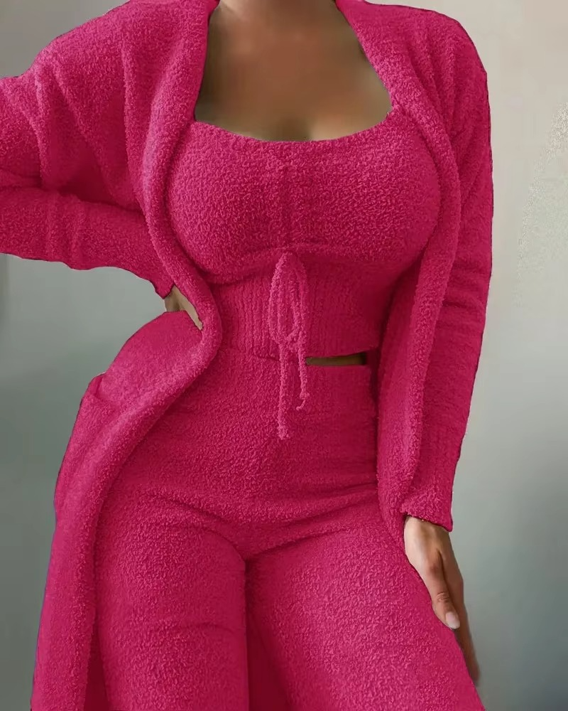 2025 Luxury Women’s Plush Pajama Set 3‑Piece Cozy Crop Top Long Pants and Coat