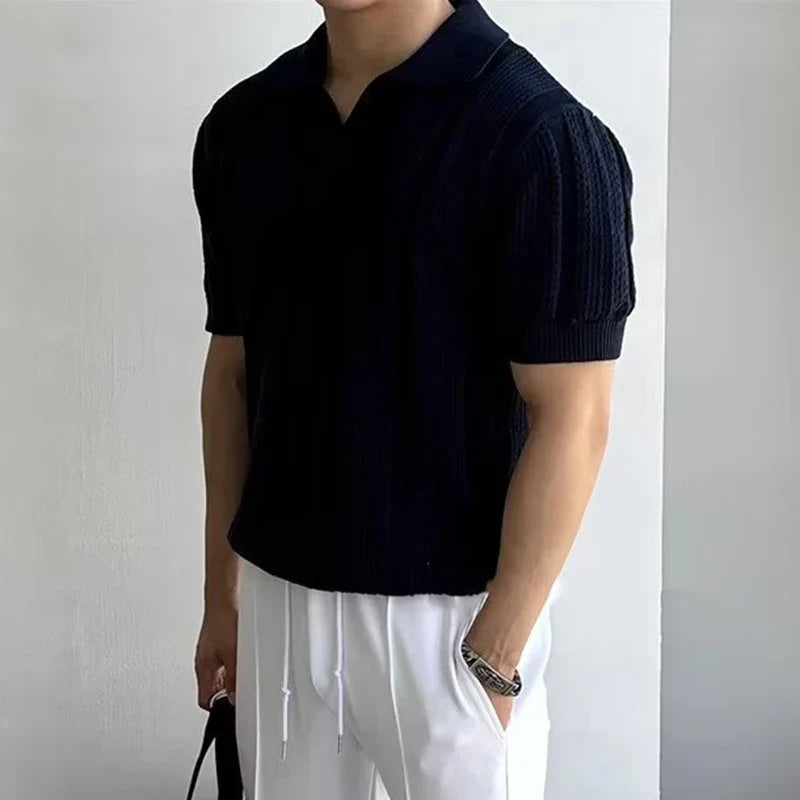 Chestor fitted mesh polo shirt solid color vintage lapel lightweight knit summer style